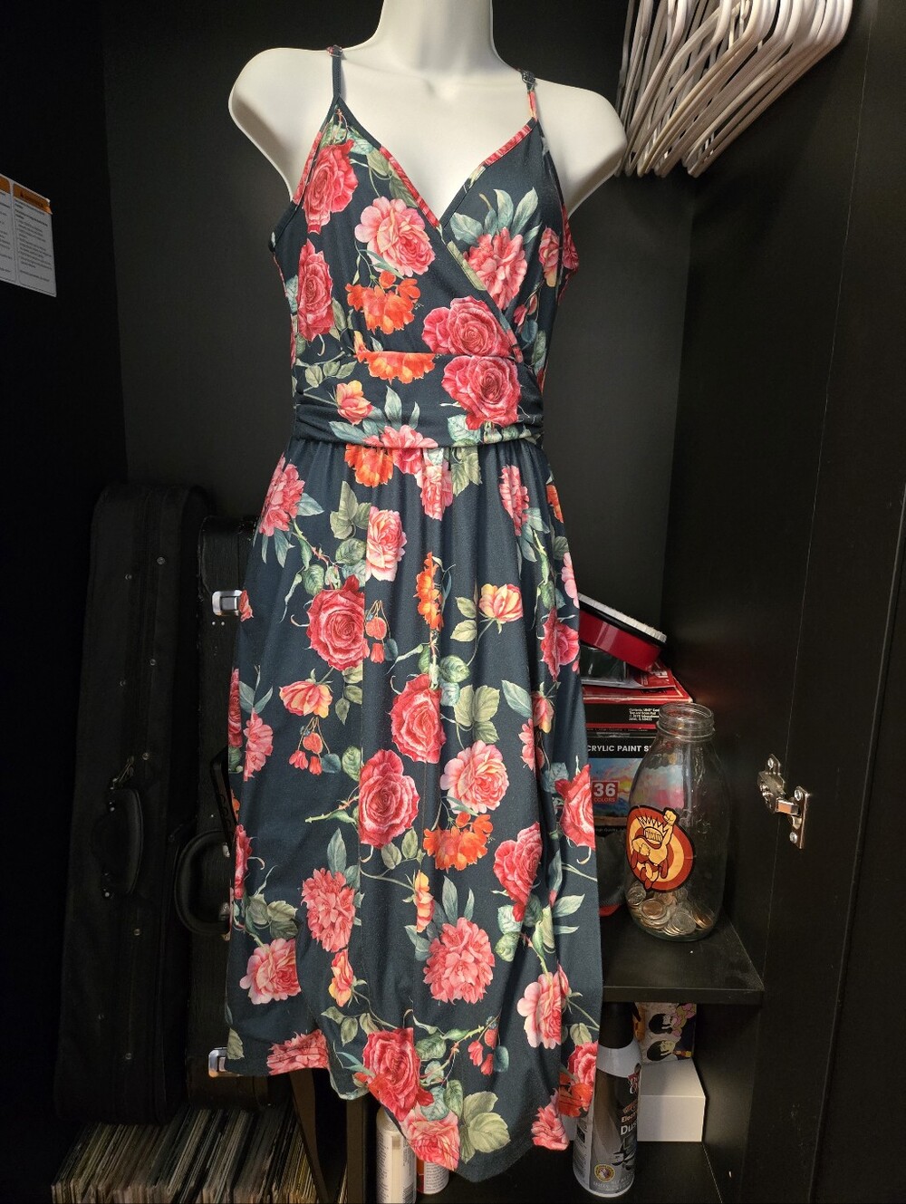 ​OUGES Floral Rose Print Faux Wrap Midi Dress with Pockets V-Neck Size Small